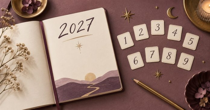 A numerology journal with the year 2027 and numbered tiles from one to nine.