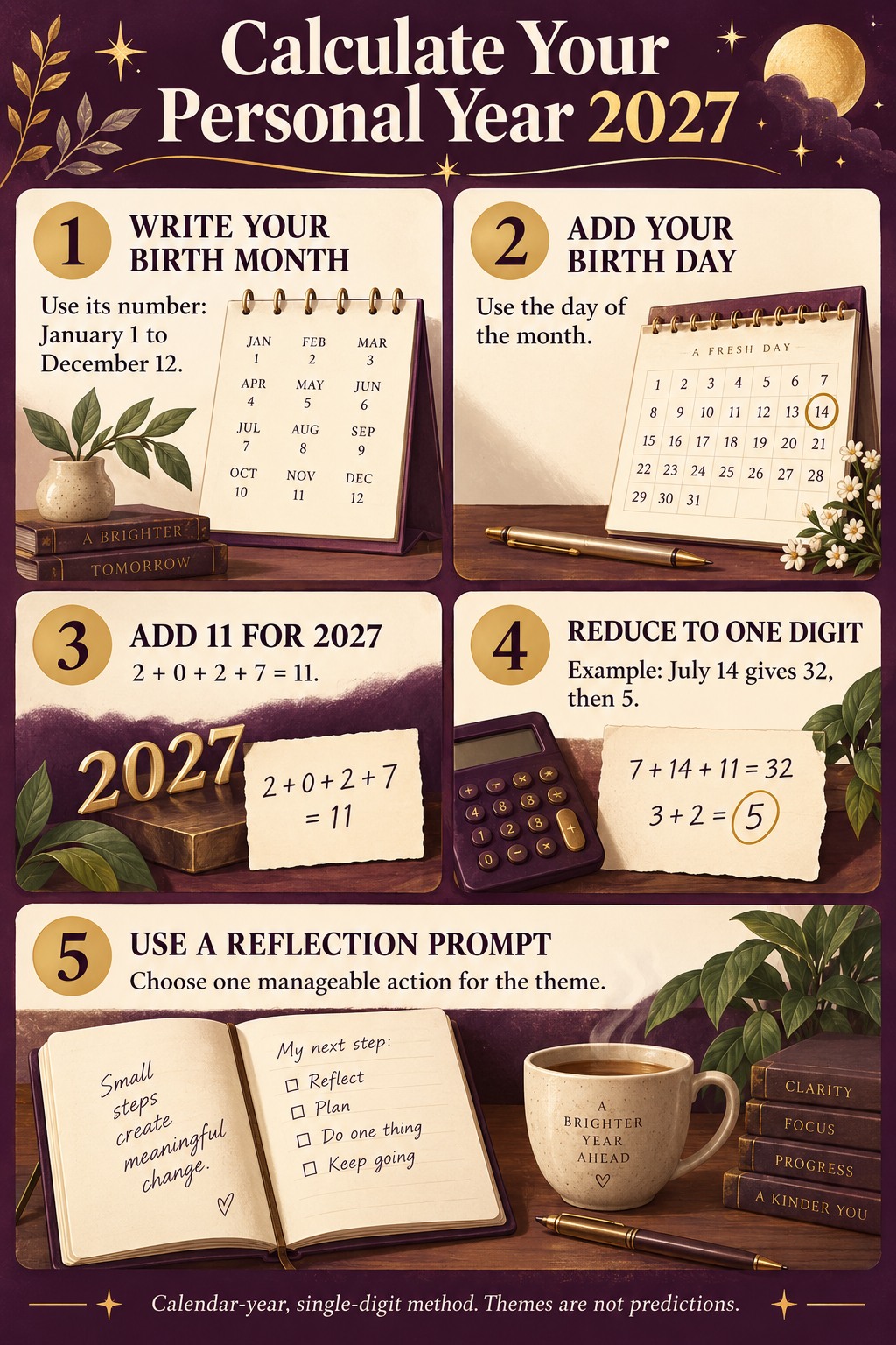 Calculate Your Personal Year 2027 — a five-step illustrated guide; text version follows.